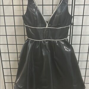 Black Faux Leather Dress with Pearl Trim